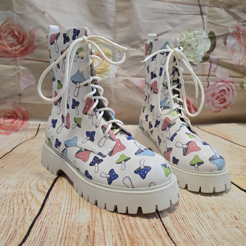 White Mushroom Print Boots